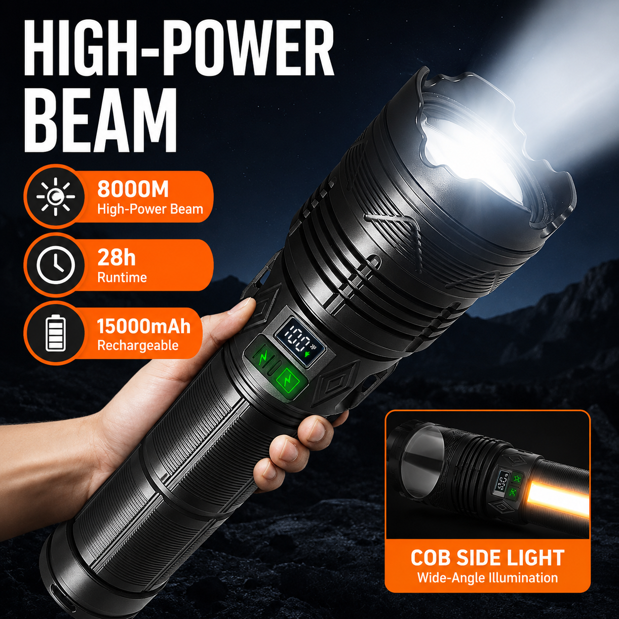 High-power LED tactical flashlight beam lighting up the dark