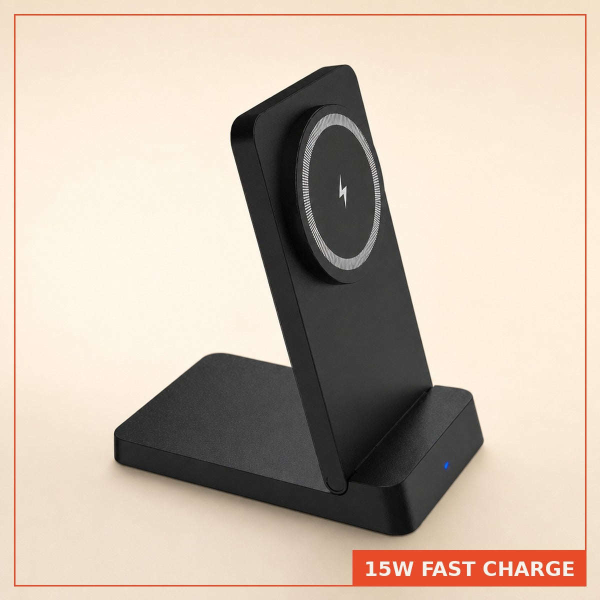 MagSnap 15W wireless charging stand in black, studio product photo on cream background
