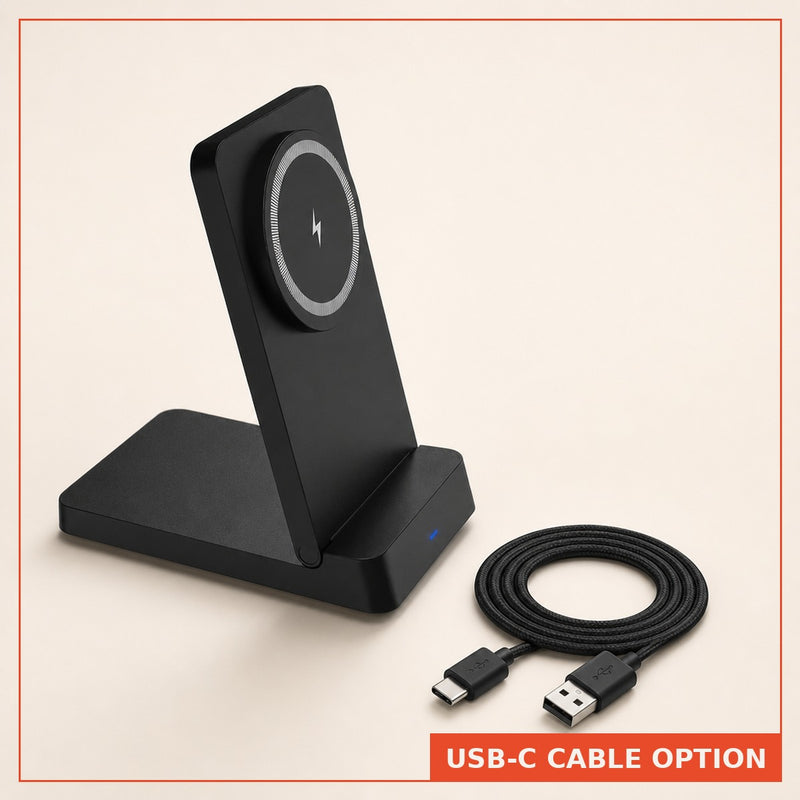 MagSnap charging stand in black with braided USB-C fast-charging cable