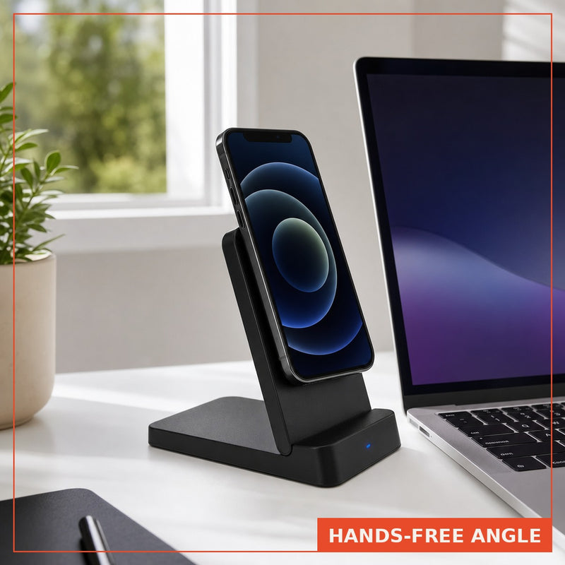 iPhone at a hands-free viewing angle on the MagSnap stand next to a laptop on a desk